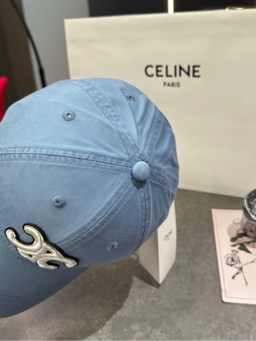 Celine. Light Blue Triomphe. Embroidered Logo Baseball Hap Cap